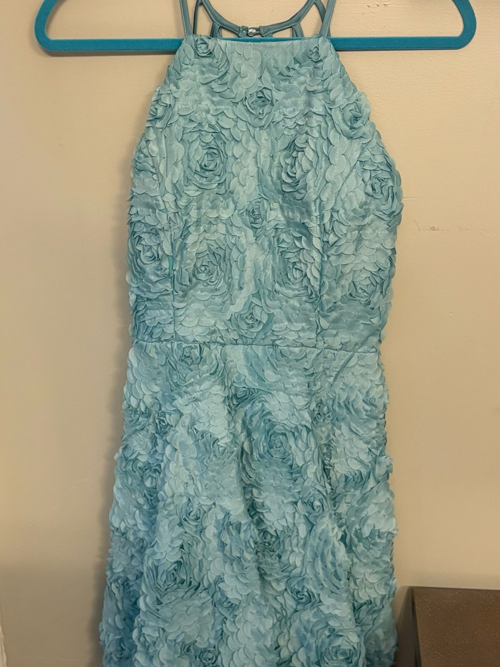 Teeze Me Floral Rosette Halter Dress in Light Blue Teal 7/9